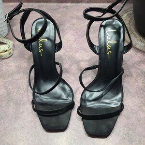 Lulus Leticiya Black Suede Ankle-Strap High Heel Sandals sz 8 Vegan suede